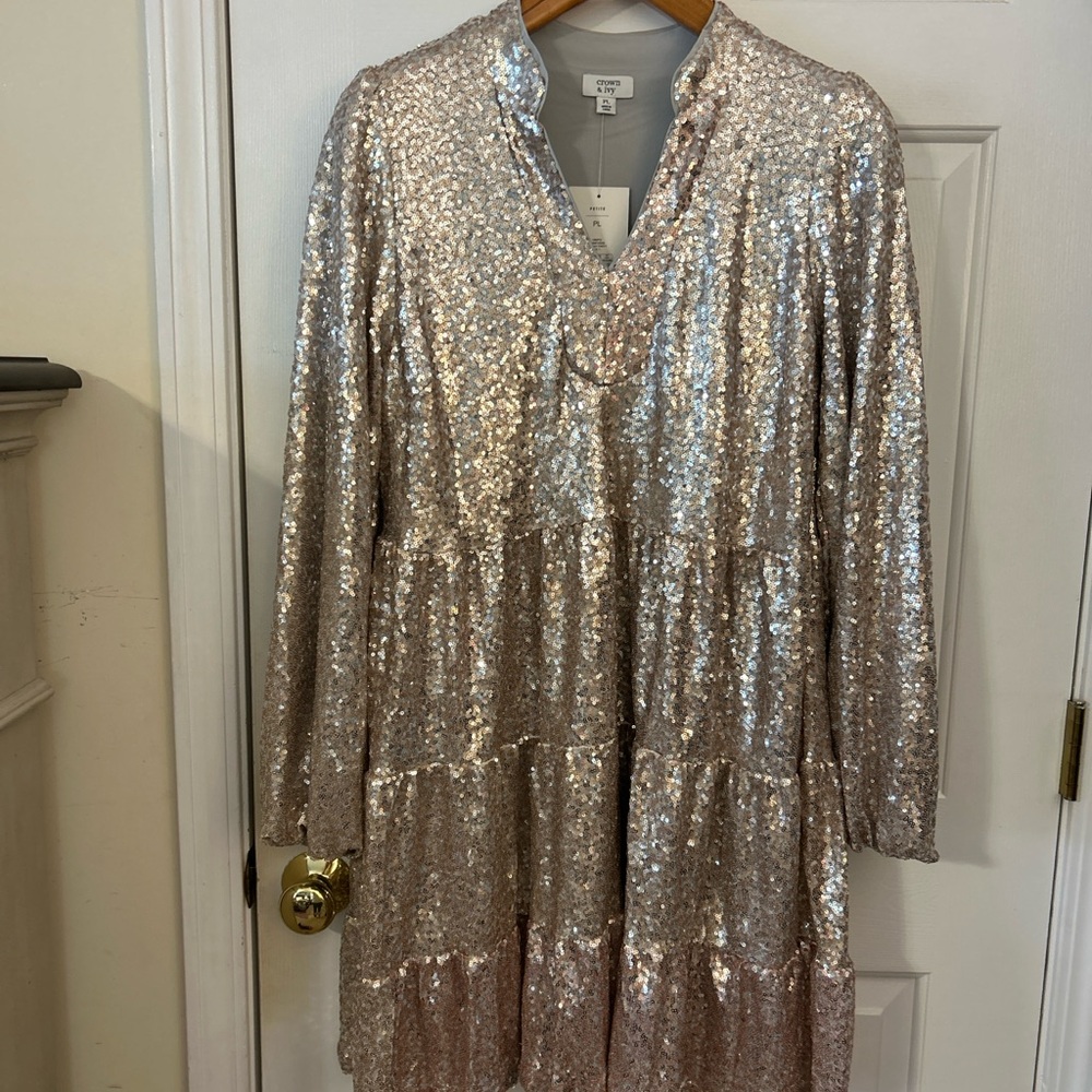 Crown & Ivy Sequin Long Sleeve Dress in Champagne